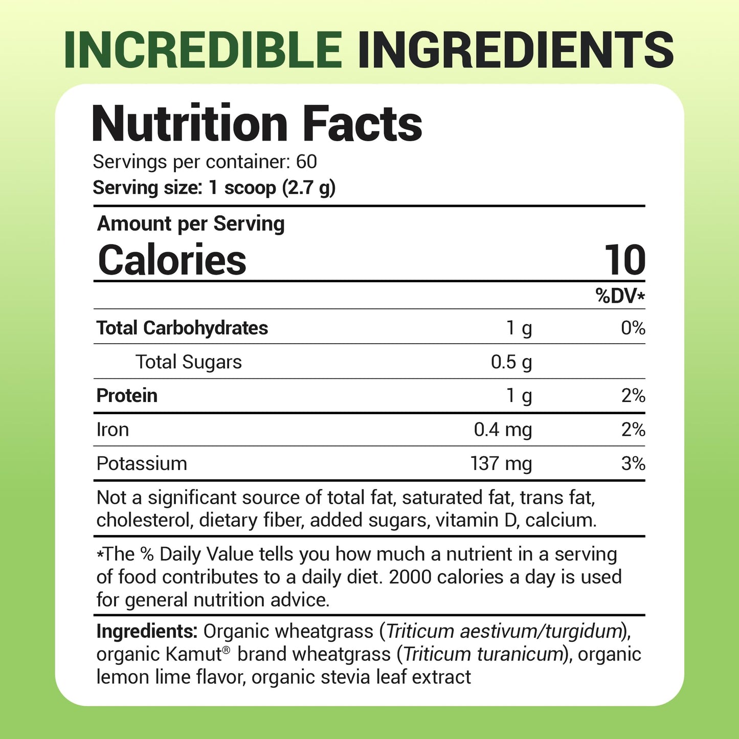 Close up of Dr. Berg lemon flavored wheatgrass juice powder container showing keto and vegan dietary attributes
