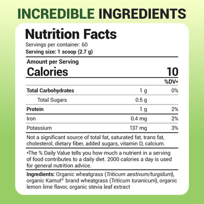 Close up of Dr. Berg lemon flavored wheatgrass juice powder container showing keto and vegan dietary attributes