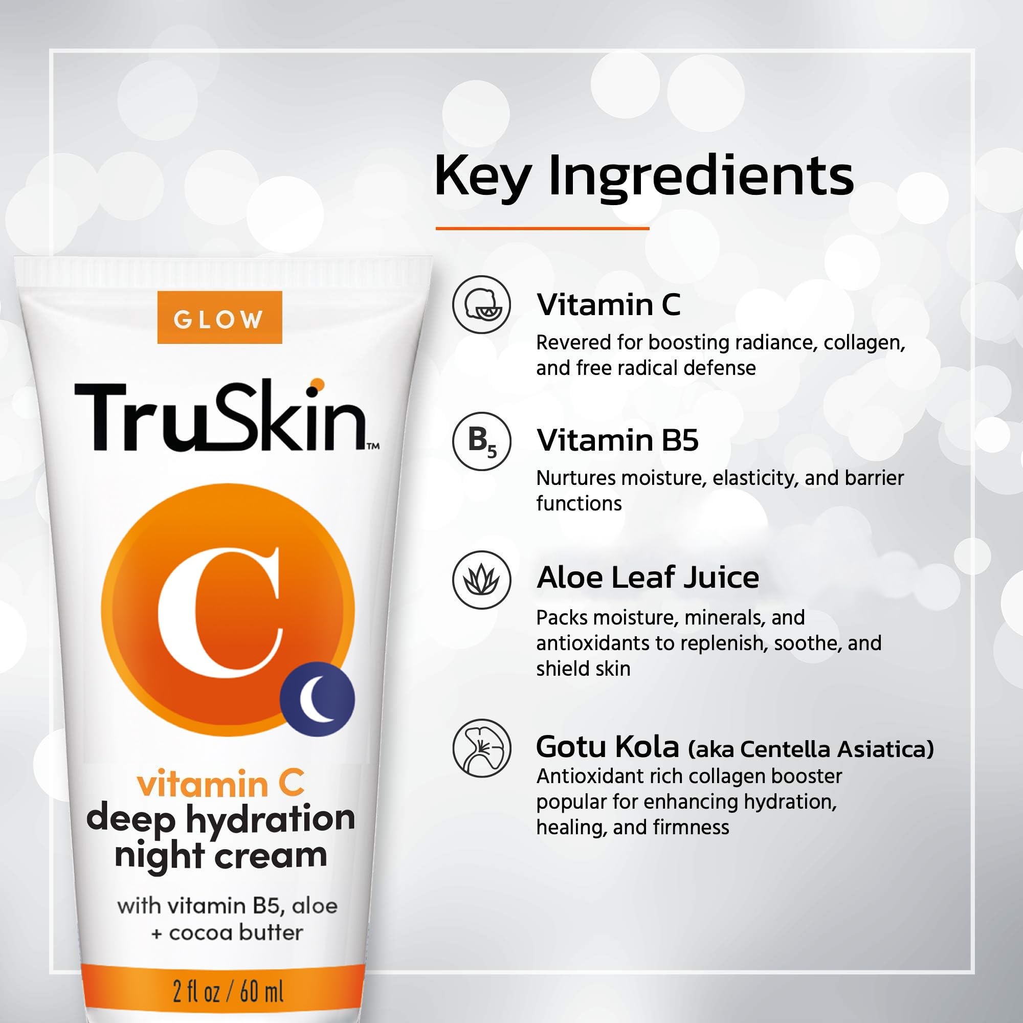 TruSkin brightening overnight face cream packaging showing key ingredients like cocoa butter and vitamin b5