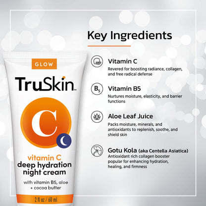 TruSkin brightening overnight face cream packaging showing key ingredients like cocoa butter and vitamin b5