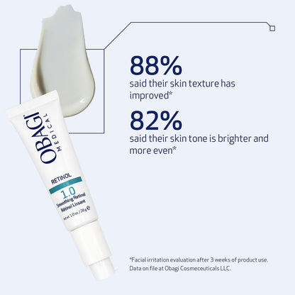 Close up view of the Obagi360 Retinol 1.0 pump dispenser highlighting the medical grade skincare design.
