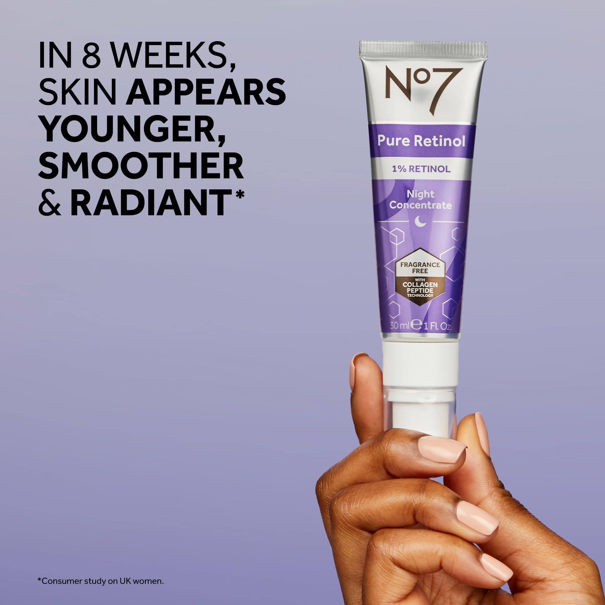 No7 Night Concentrate pump bottle showing text for one percent pure retinol formula