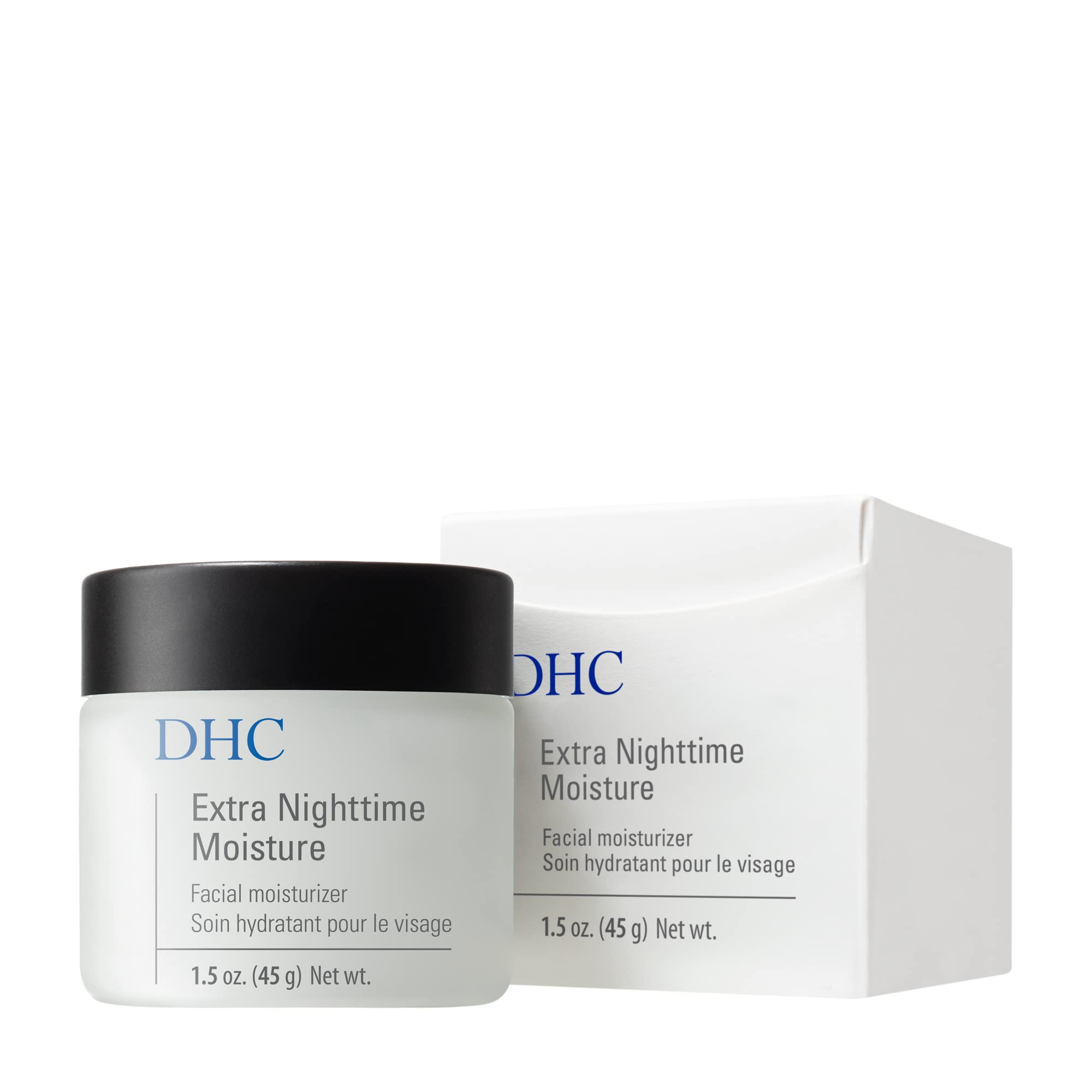 DHC night cream jar with packaging box showing key ingredients like vitamin e