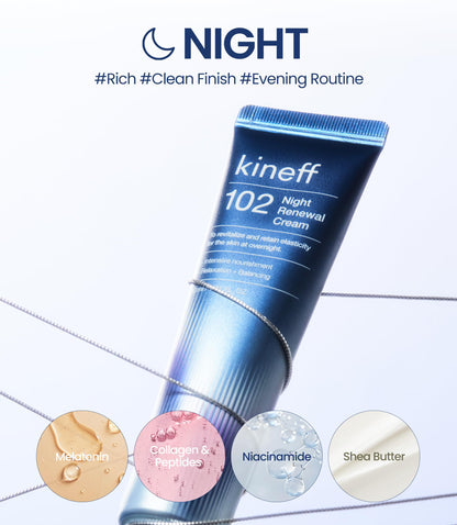 Kineff day and night cream 2-pack tubes resting on a clean vanity surface.