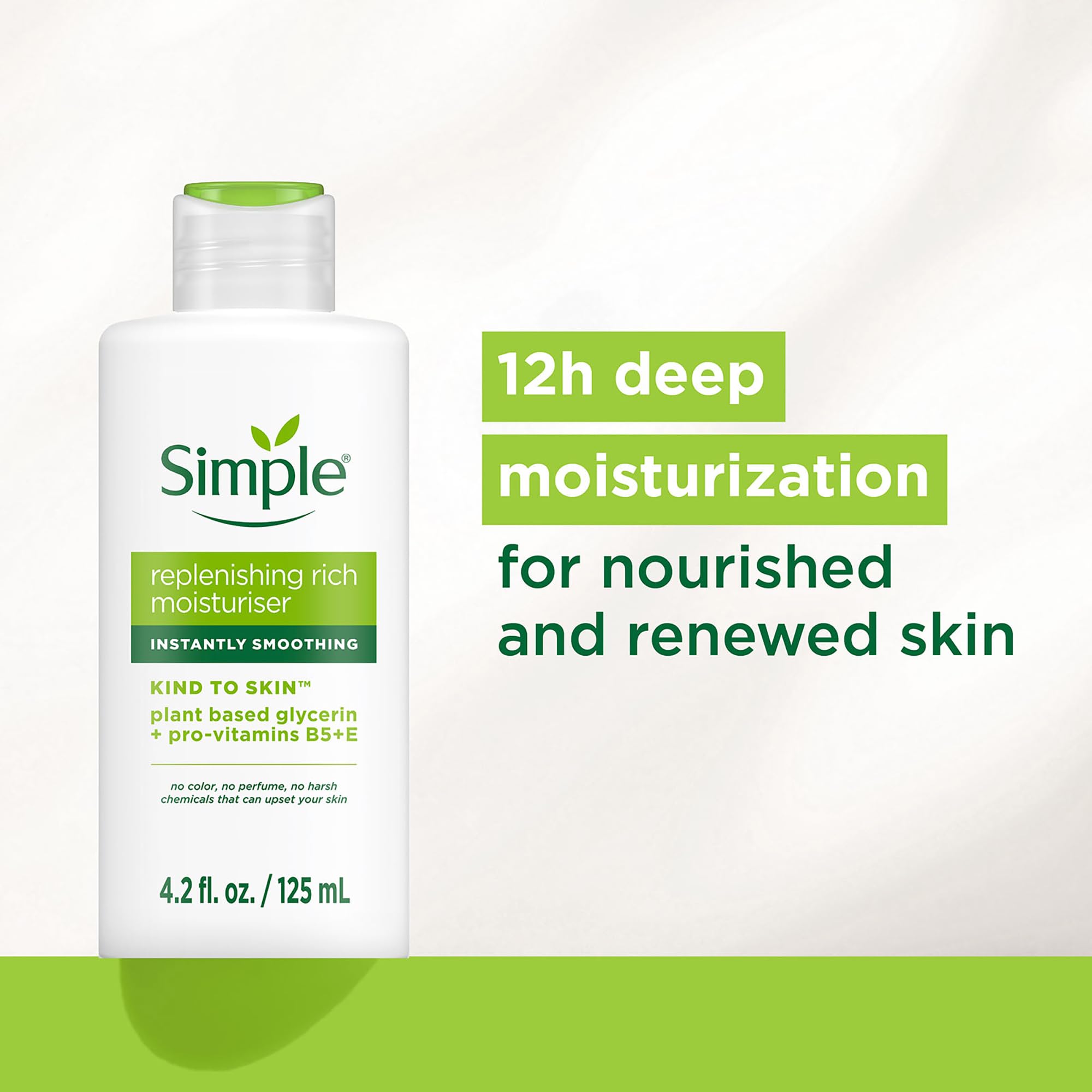 Simple Kind to Skin sensitive facial lotion packaging details and twelve hour moisturization label