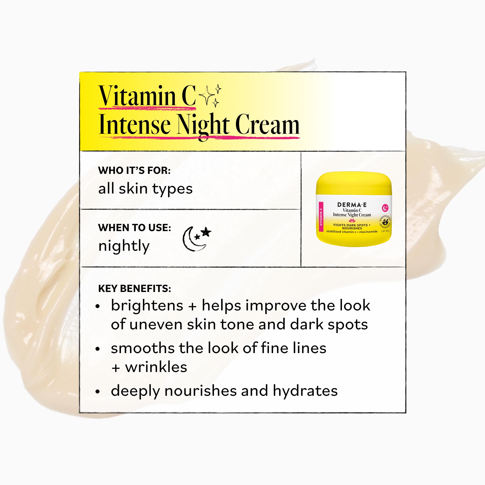Derma E USA imported skincare night cream packaging displaying directions for hyperpigmentation treatment.