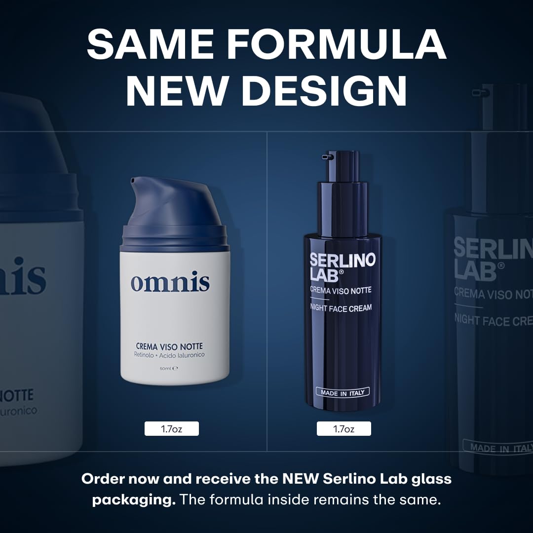 SERLINOLAB Omnis Uomo anti aging night moisturizer packaging box displaying key ingredients like retinol and hyaluronic acid