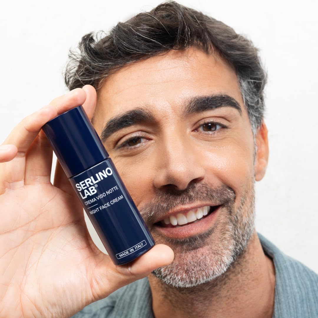 Side profile of SERLINOLAB men face cream container showing the 50 Milliliters volume statement and Italian origin detail