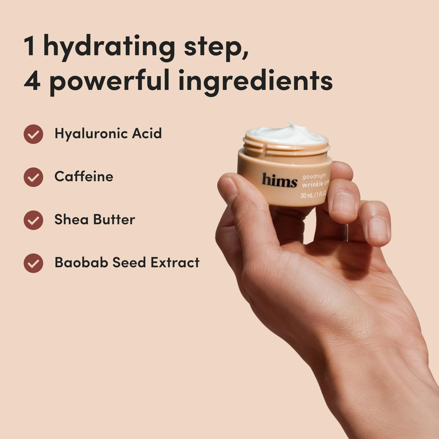 Hims wrinkle recovery night moisturizer label details displaying vegan formulation