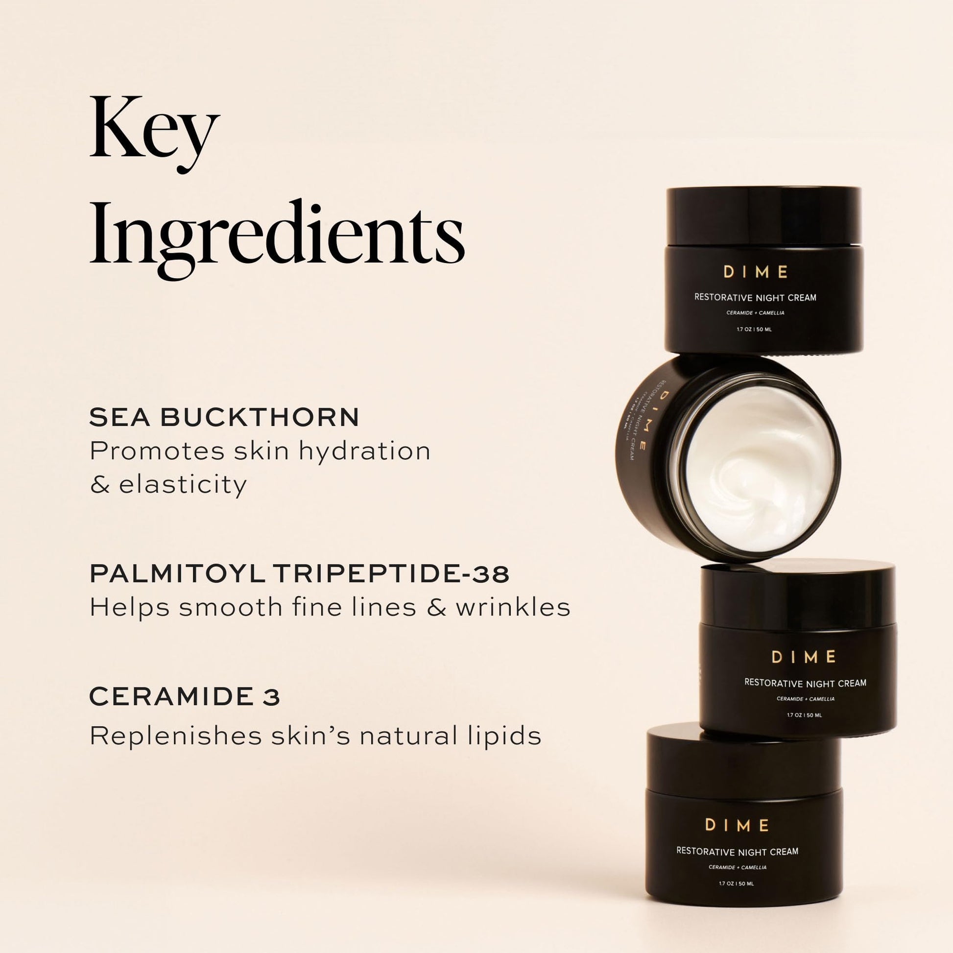 DIME Beauty Restorative Night Cream side view showing product directions and benefits