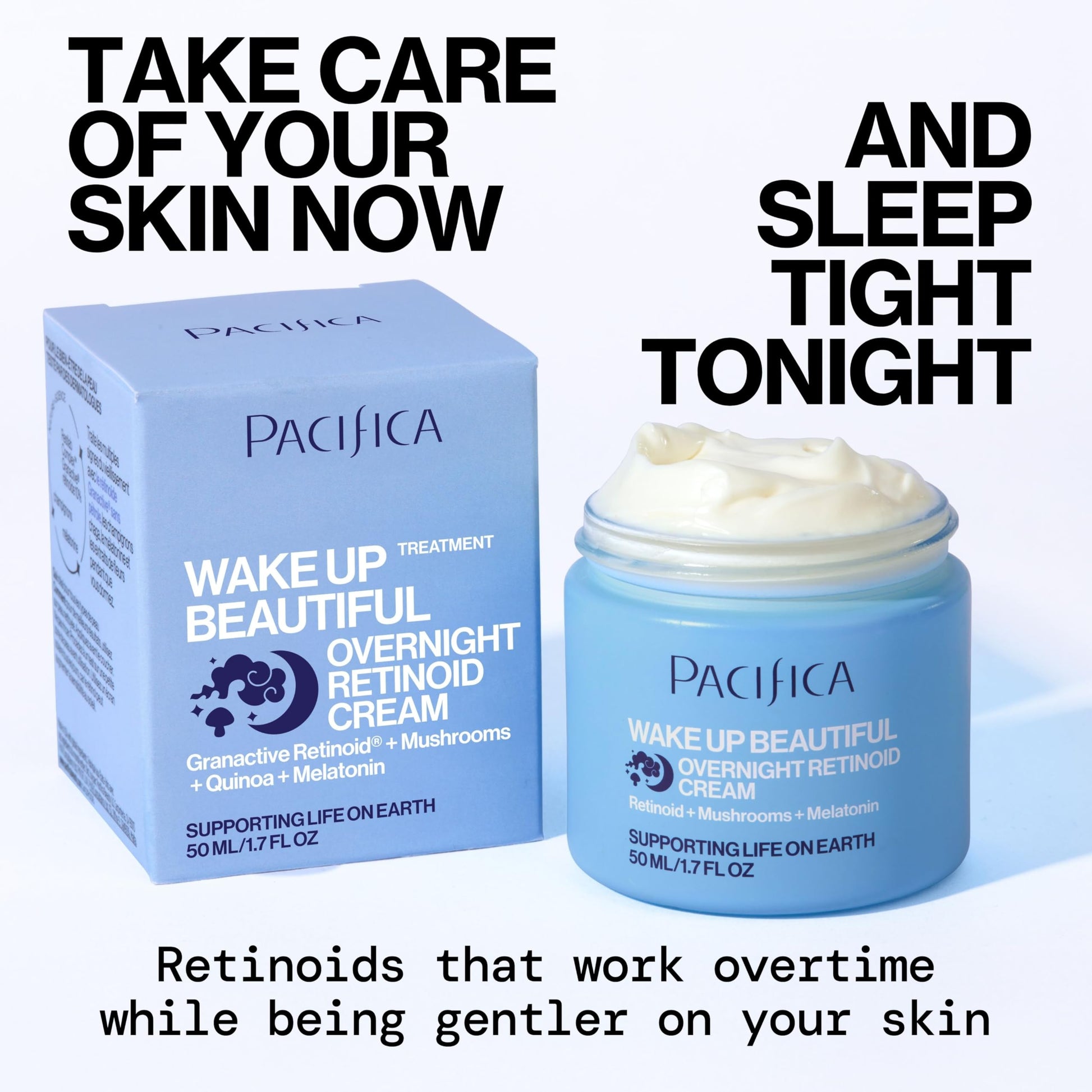 Texture shot of the white creamy Pacifica beauty moisturizer next to its premium packaging box.
