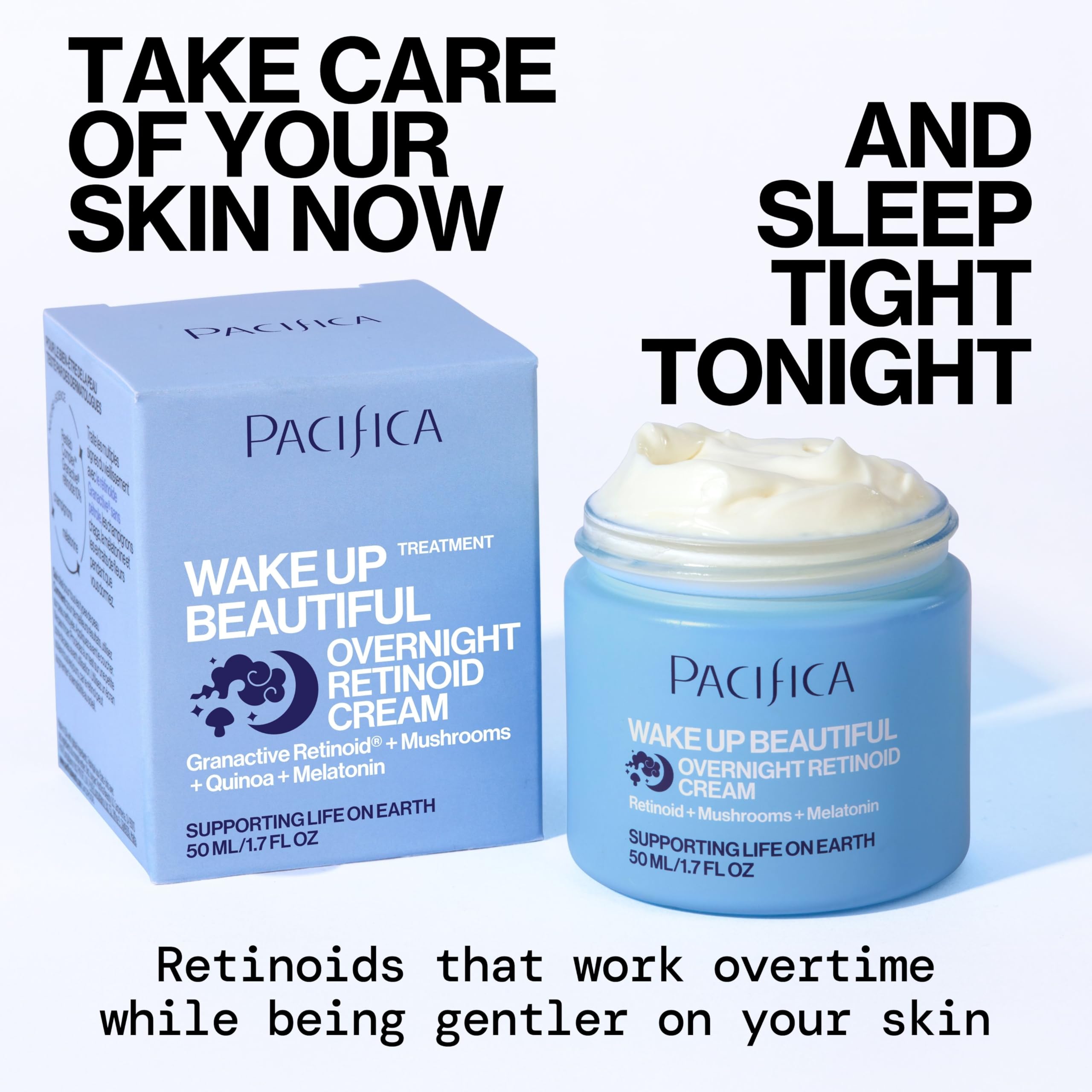 Texture shot of the white creamy Pacifica beauty moisturizer next to its premium packaging box.