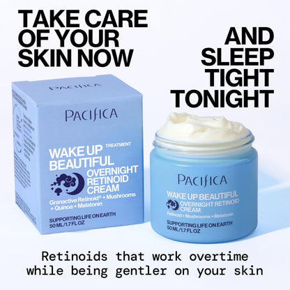 Texture shot of the white creamy Pacifica beauty moisturizer next to its premium packaging box.