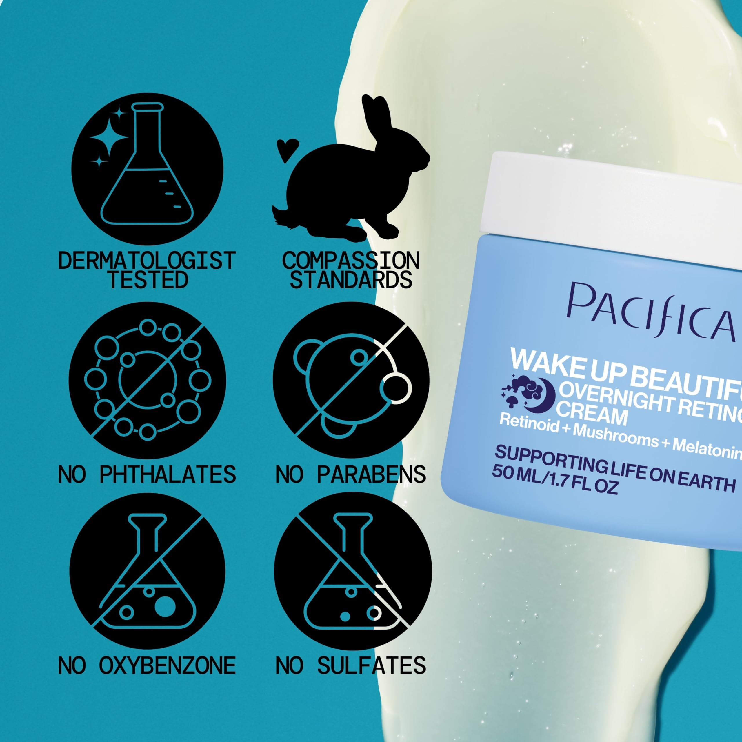 Pacifica beauty wake up beautiful overnight retinoid cream jar displayed against a clean background.
