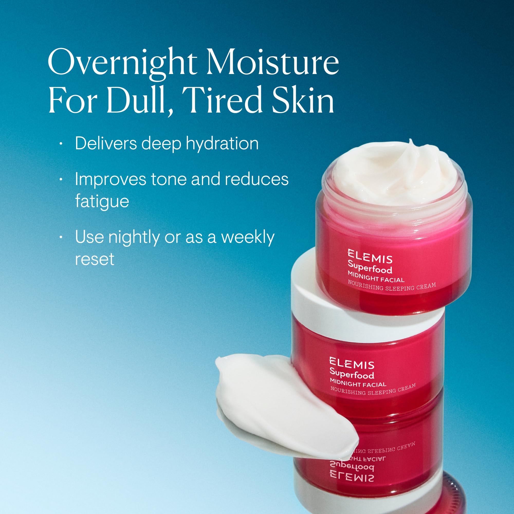 ELEMIS Superfood overnight sleeping cream packaging with key superfood extracts