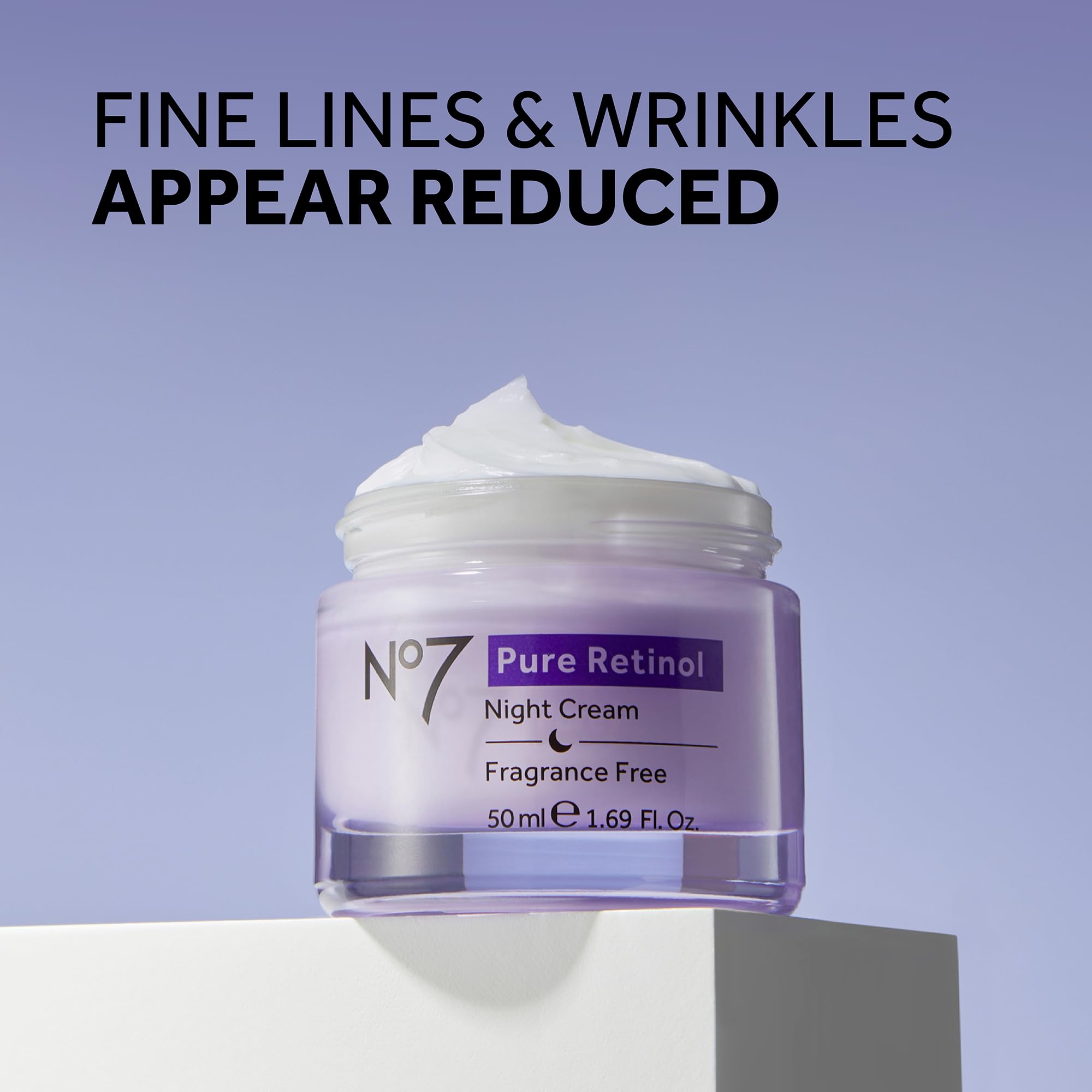 No7 Pure Retinol Collagen Boosting Night Cream jar on a clean vanity showcasing the container design