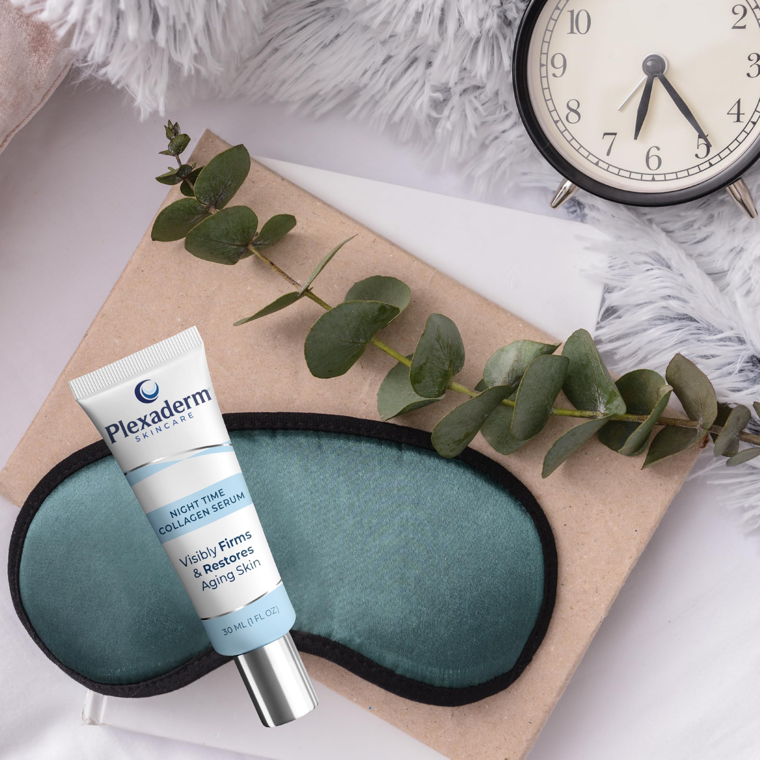 Plexaderm paraben free collagen serum showing back packaging labels and key ingredients