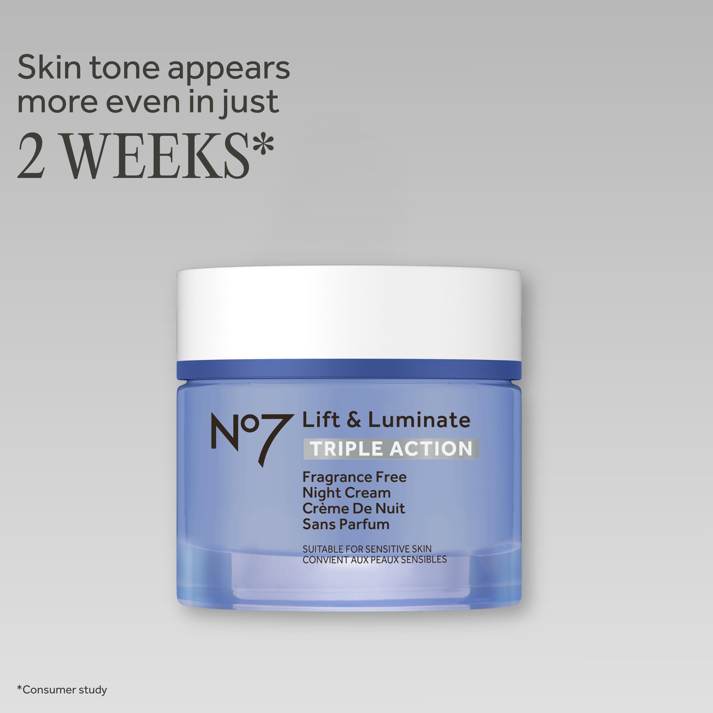 No7 Lift and Luminate nighttime face cream packaging box showing collagen peptide formula details