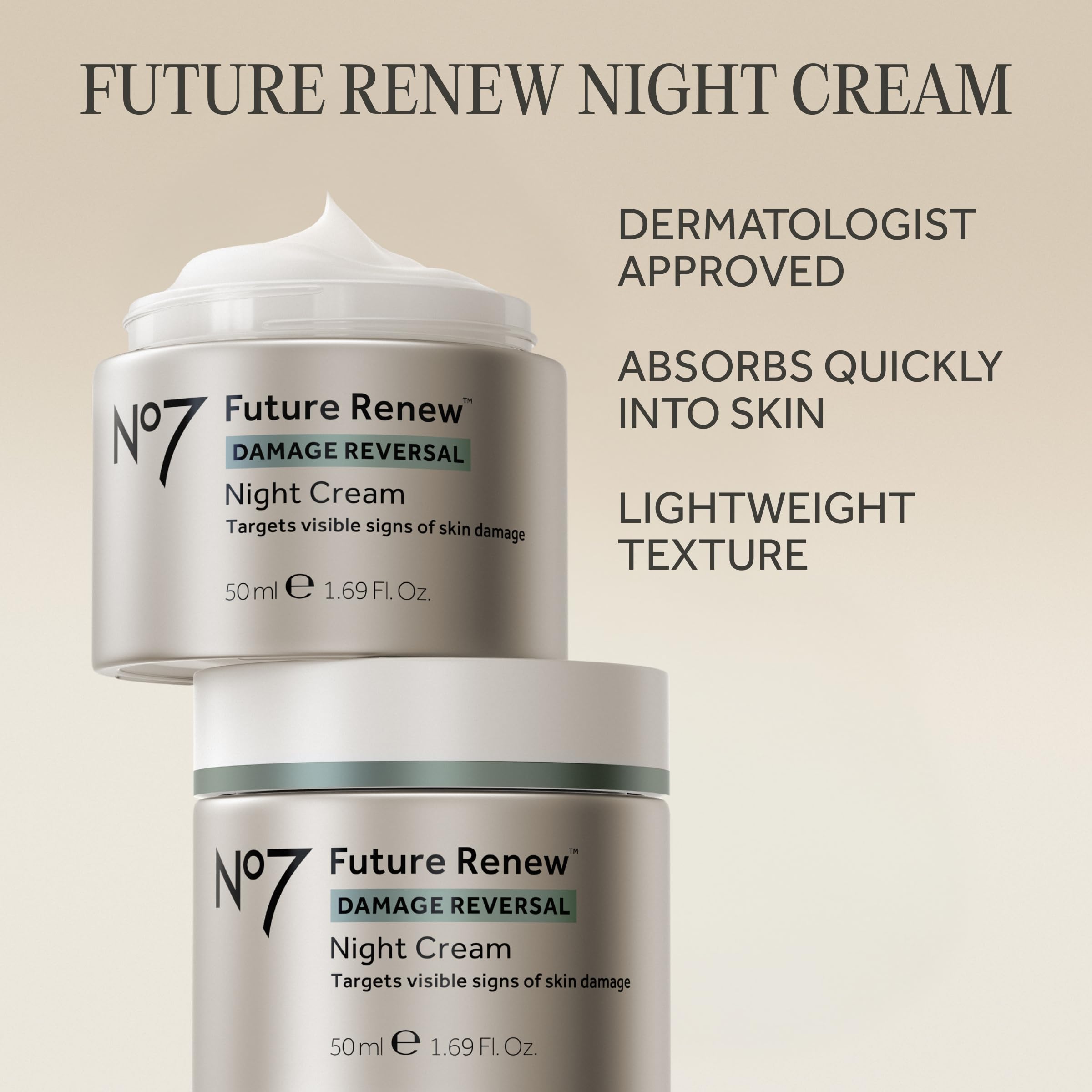 No7 Future Renew peptide technology night cream packaging details showing ingredients and size