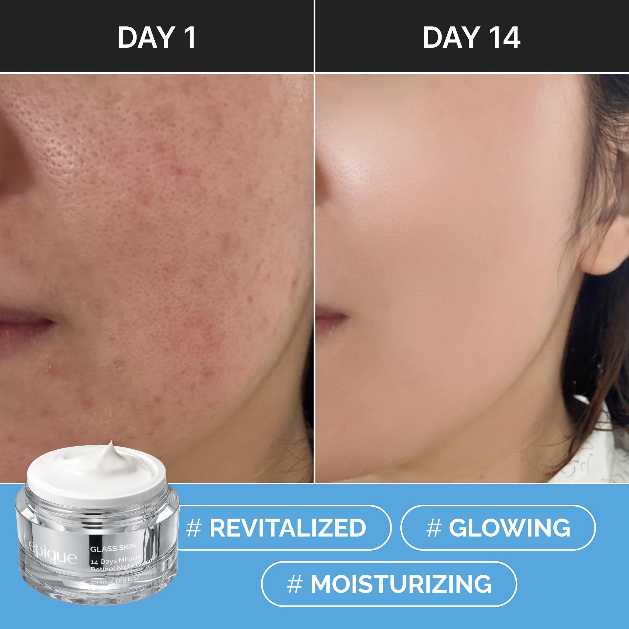 Lepique glass skin fourteen days miracle cream container showing zero point one percent retinol