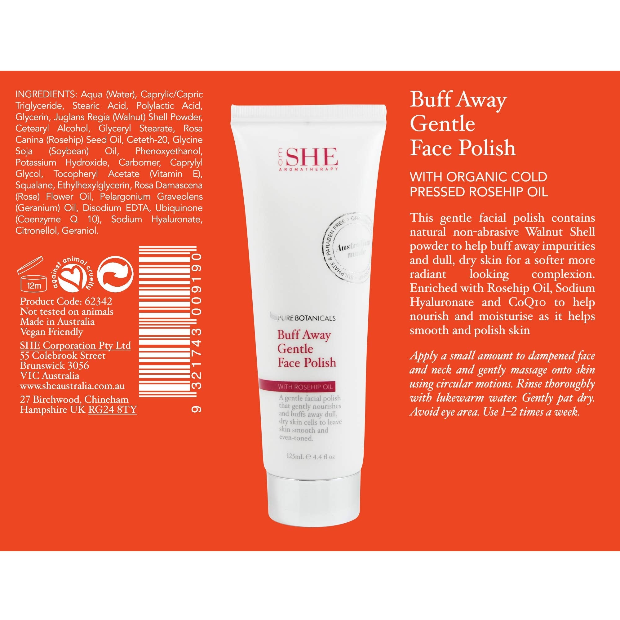 M&O Om She Pure Botanicals exfoliating cream tube displaying key ingredients like rosehip oil and vitamin E