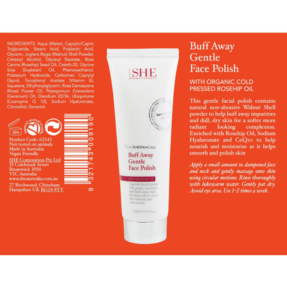 M&O Om She Pure Botanicals exfoliating cream tube displaying key ingredients like rosehip oil and vitamin E