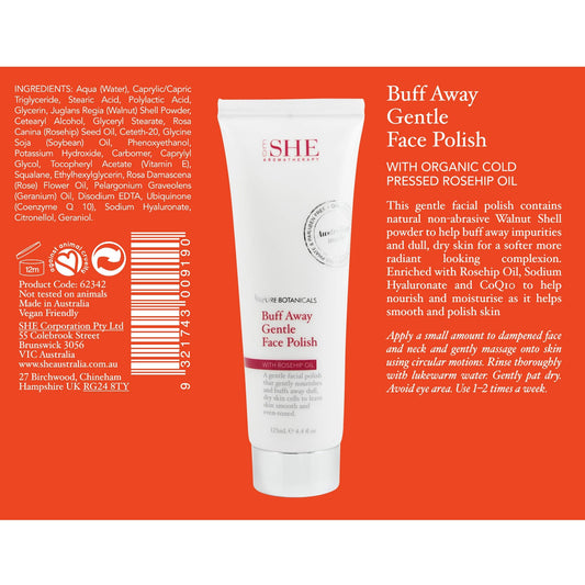 M&O Om She Pure Botanicals exfoliating cream tube displaying key ingredients like rosehip oil and vitamin E