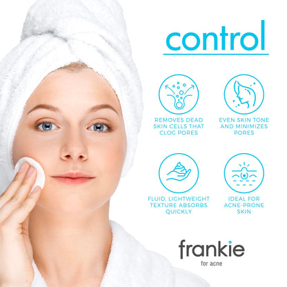 Close up of Frankie for Acne salicylic acid exfoliant packaging