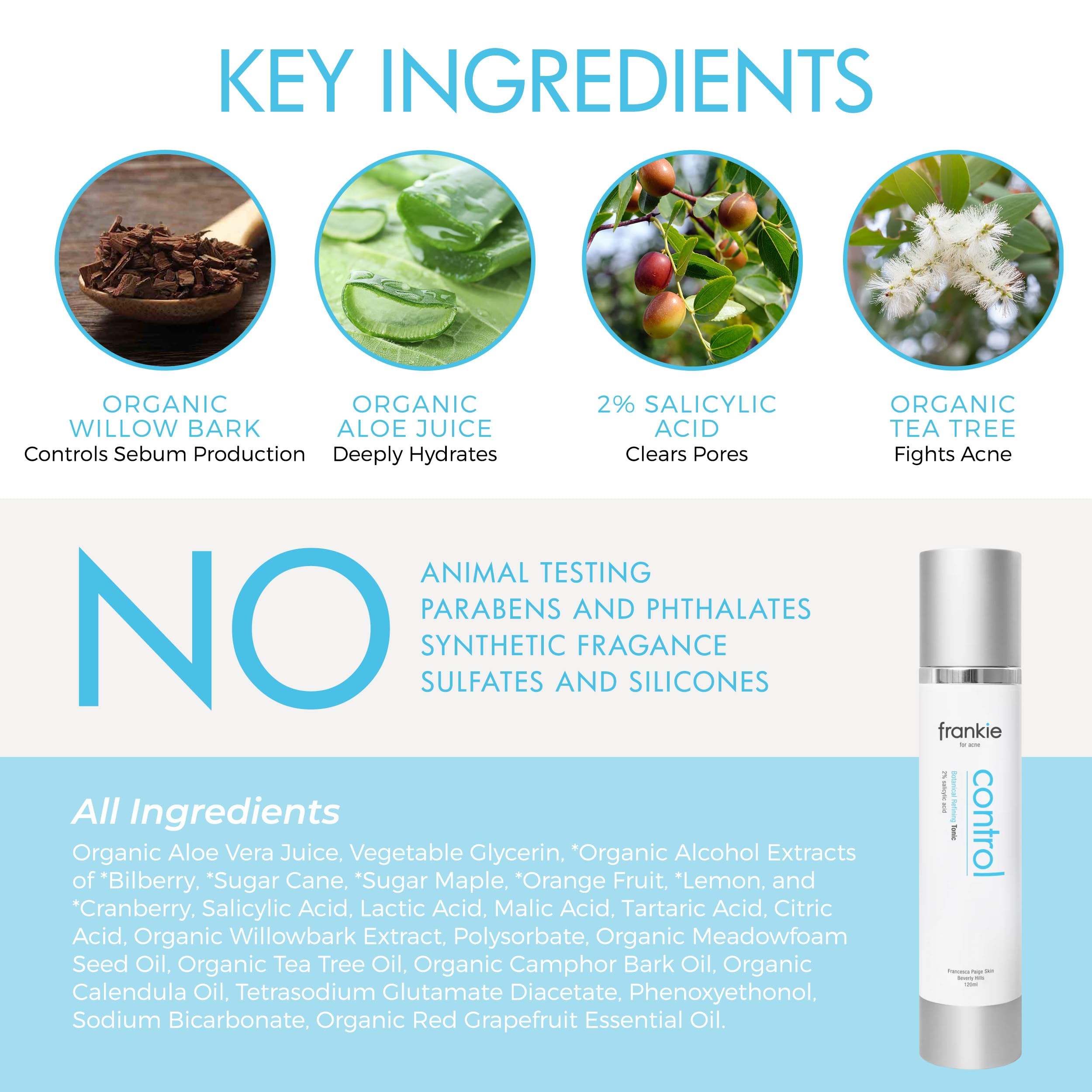 Fp Skin Frankie for Acne bottle with organic tea tree oil labeling