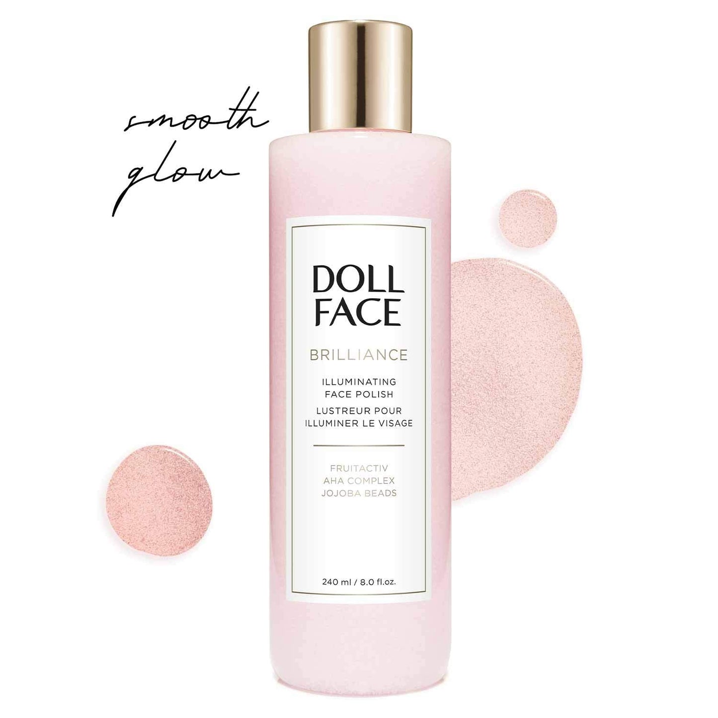 Doll Face facial exfoliator pore purifier 8 ounce bottle displaying product benefits.