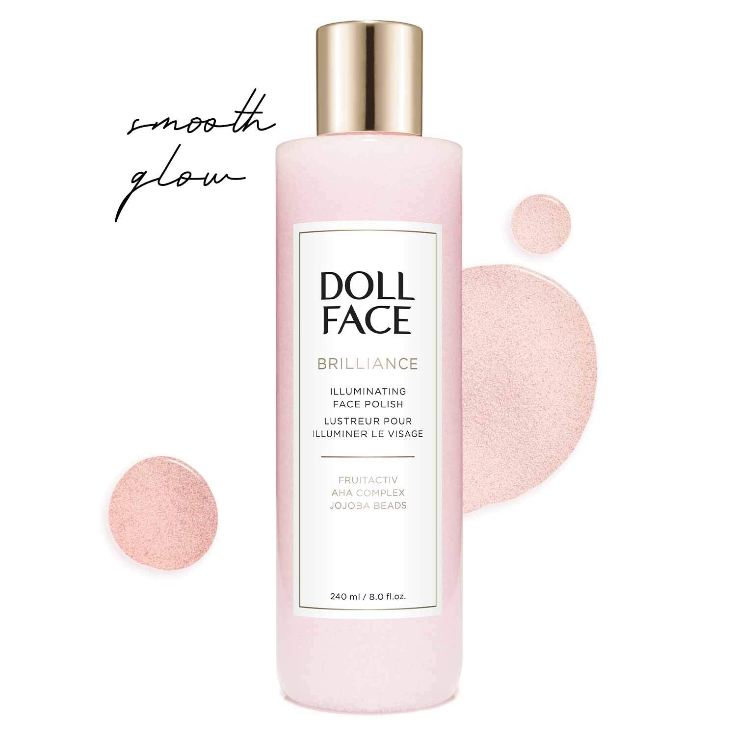 Doll Face facial exfoliator pore purifier 8 ounce bottle displaying product benefits.