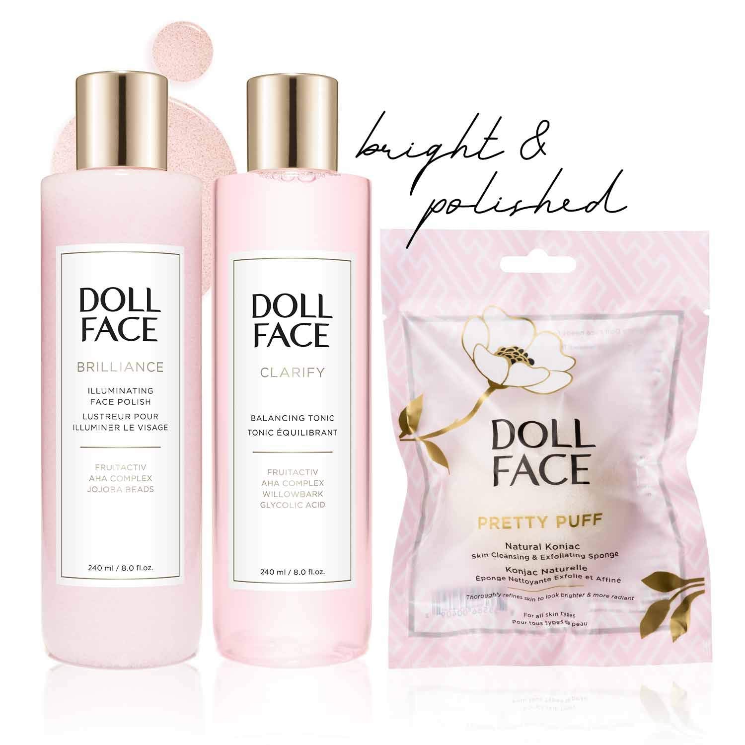 Doll Face Illuminating Face Polish back label with usage instructions and details.
