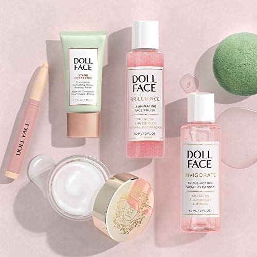 Doll Face premium brightening cream exfoliator bottle for smooth skin texture.