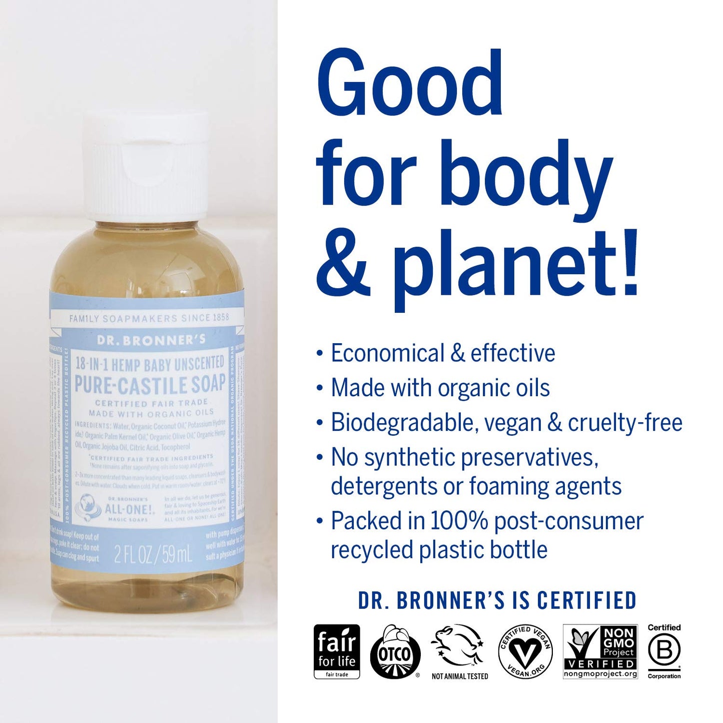 Dr. Bronner's eighteen in one natural liquid cleanser showing travel size packaging