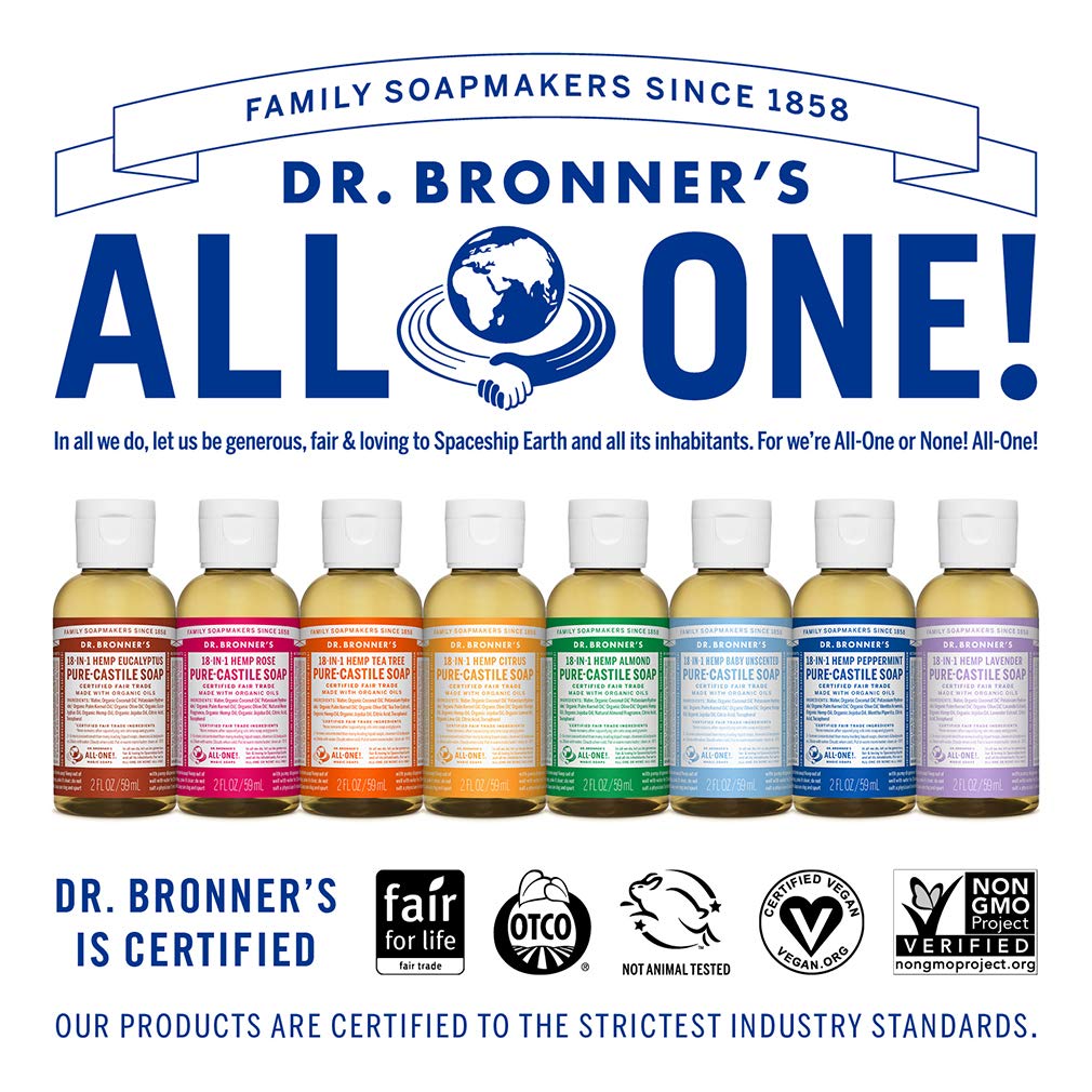 Dr. Bronner's pure travel size liquid soap bottle standing upright against a clean backdrop