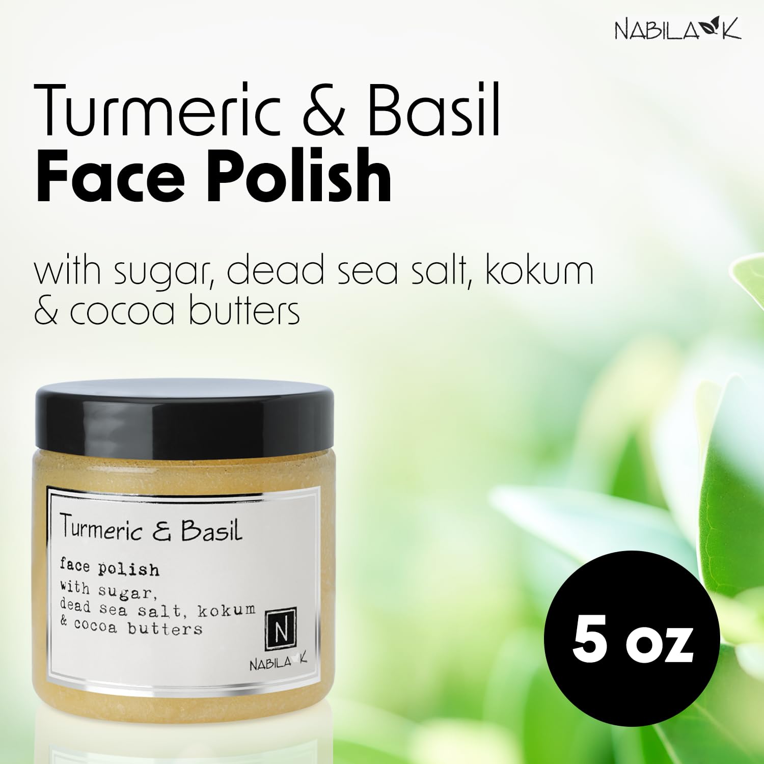 Nabila K face polish showing organic ingredients and 5 ounce size