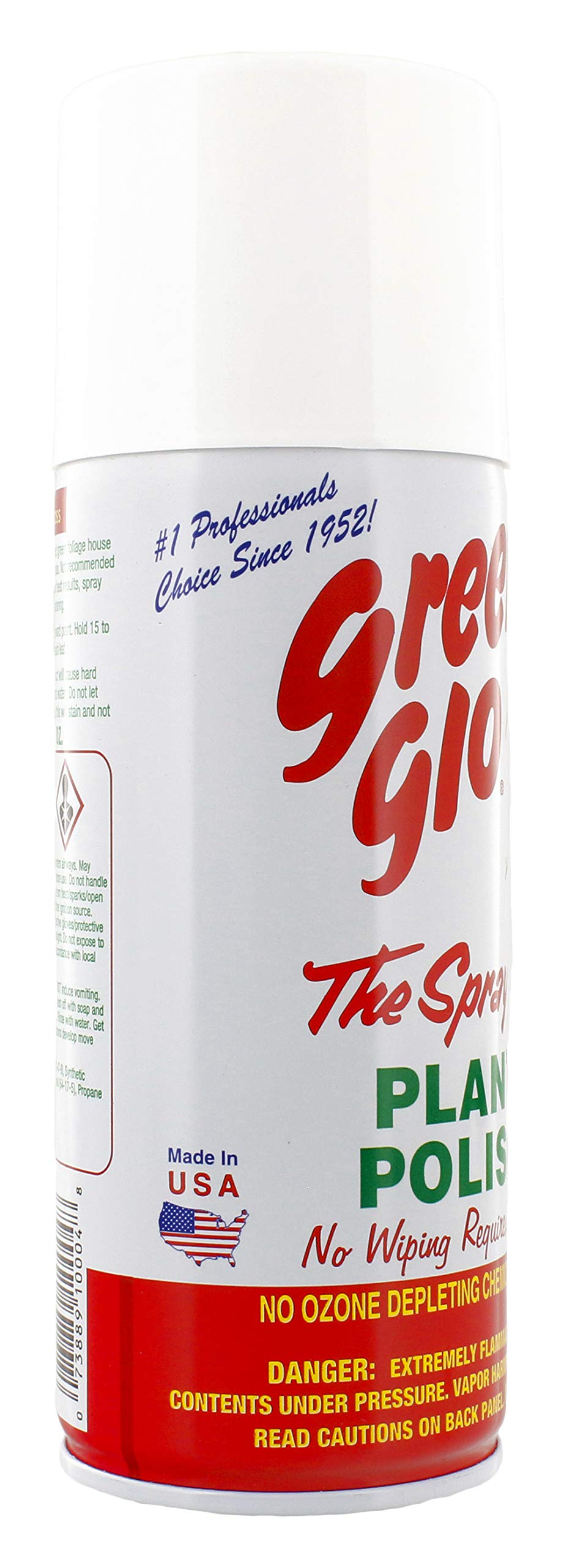 Authentic Green Glo floral and houseplant polish spray for dust prevention on Ficus leaves.