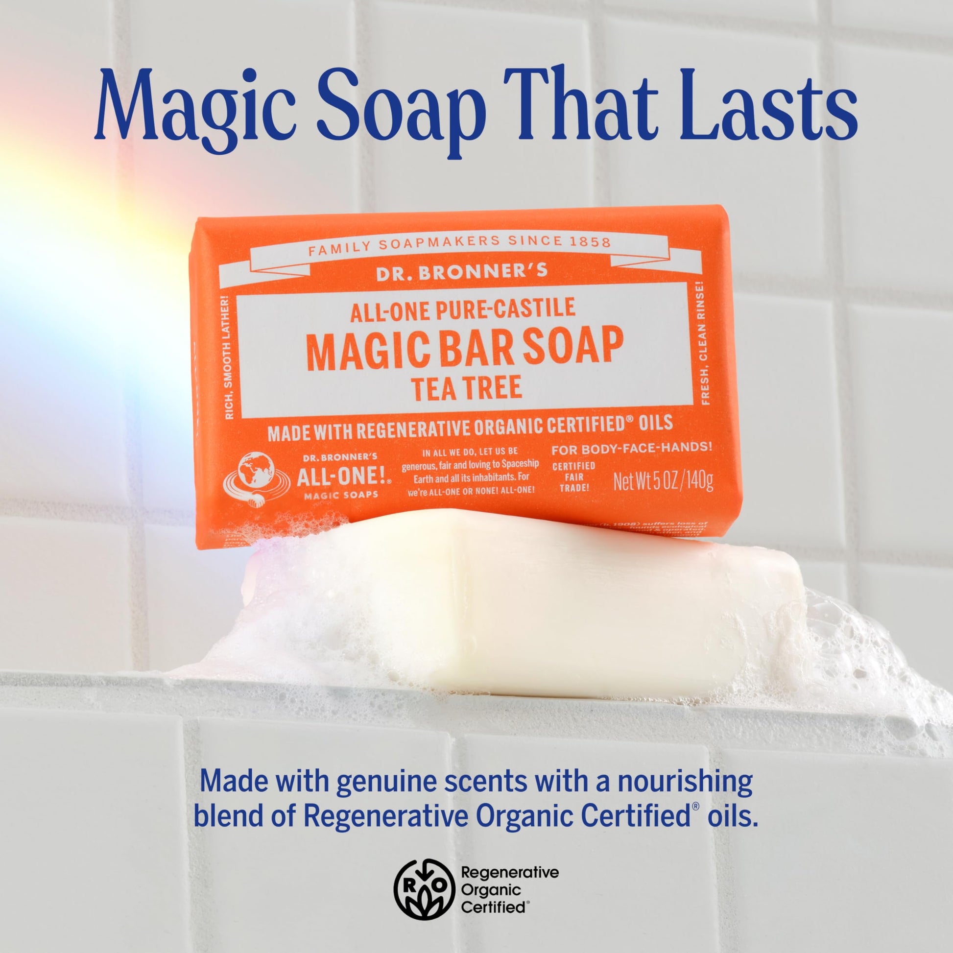 Dr. Bronner's tea tree soap bar 2 pack side view showing product thickness