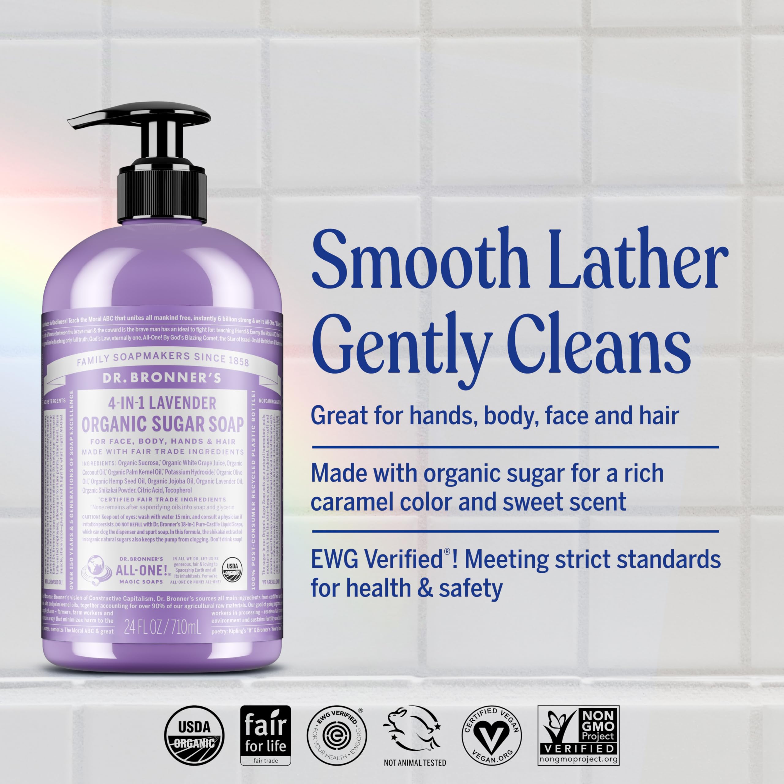 Dr. Bronner's 4-in-1 lavender pump soap showing the authentic ingredients and product label details.