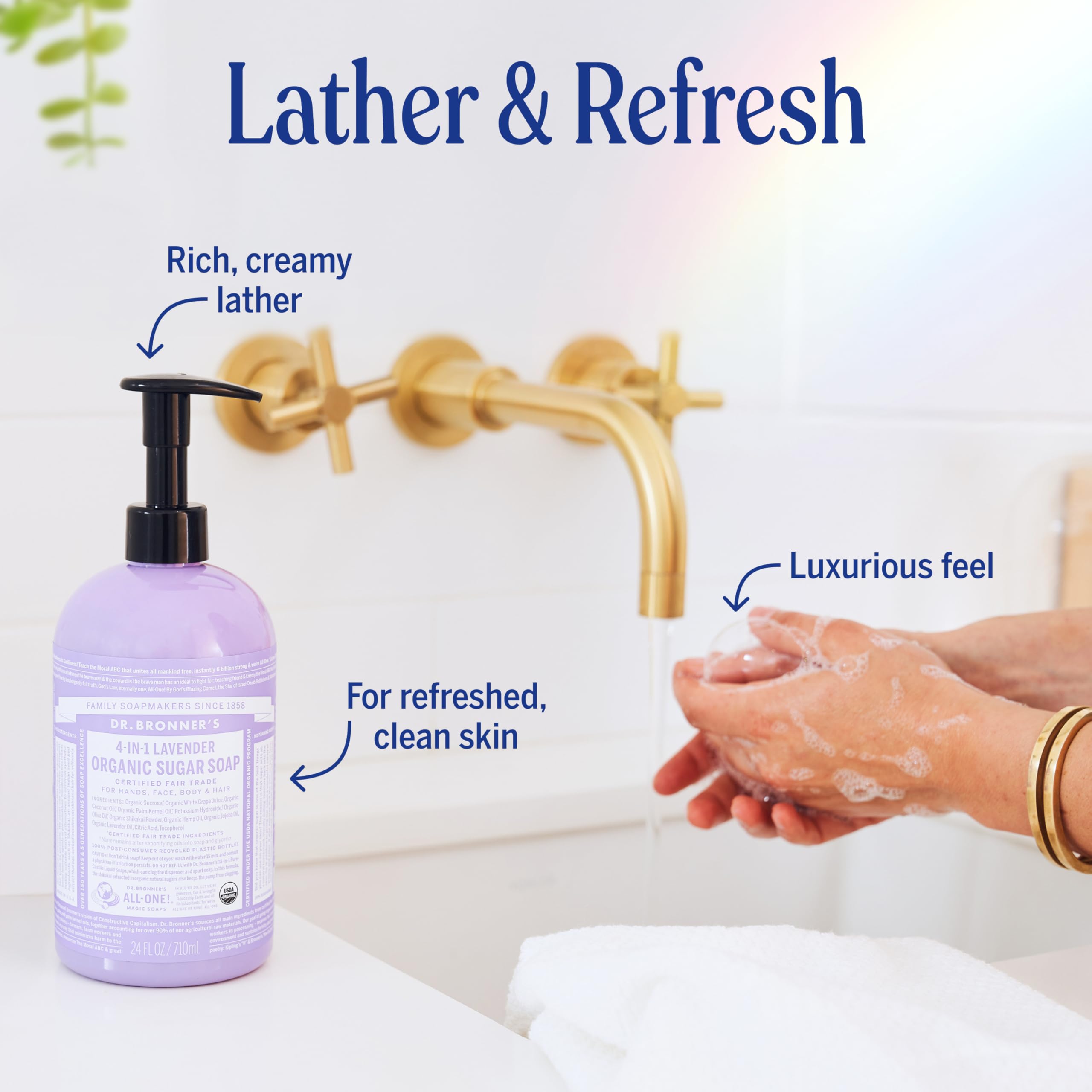 Close-up of the pump mechanism and rich caramel-colored organic liquid soap texture.
