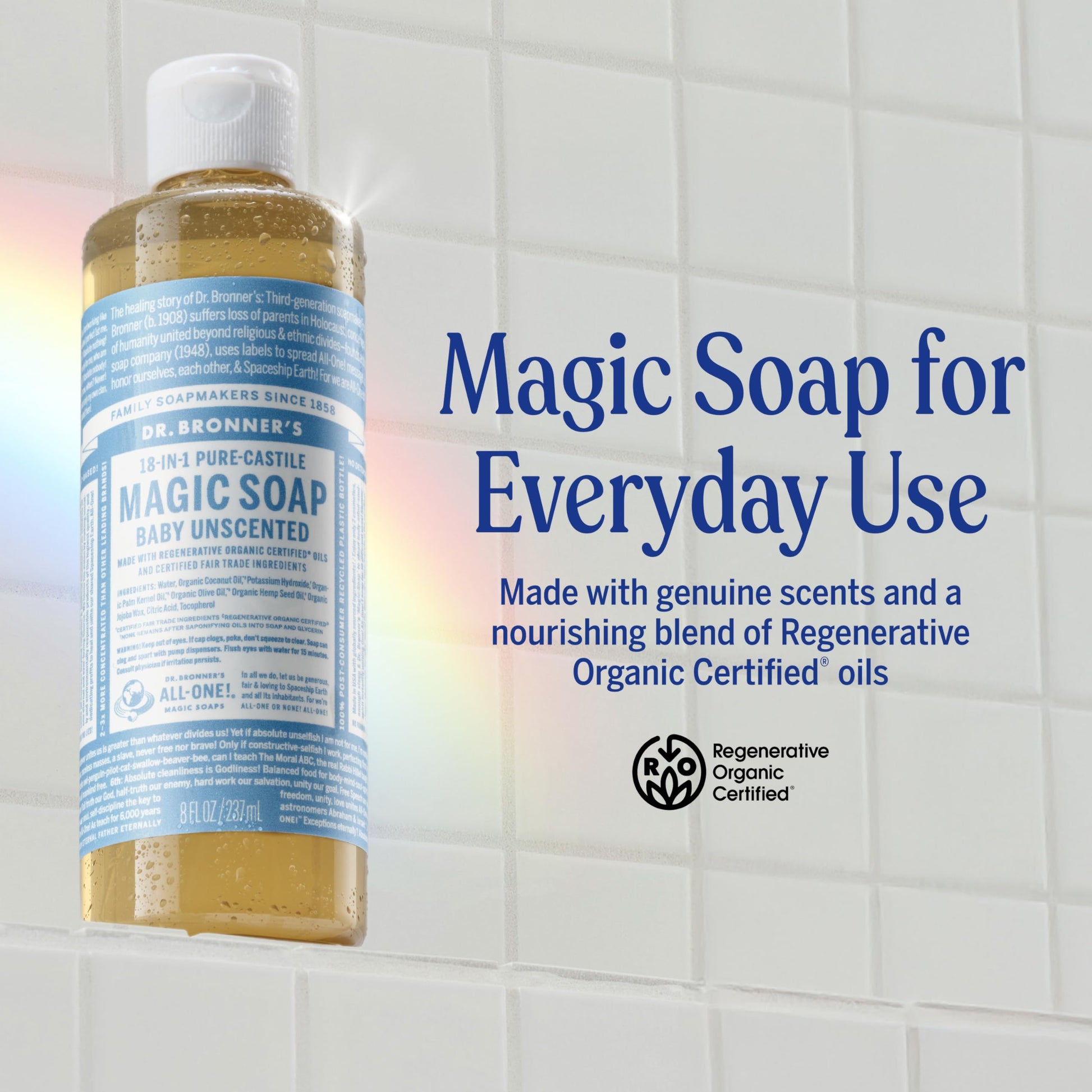 Dr. Bronner's unscented baby mild castile liquid soap bottle showing organic ingredients list.