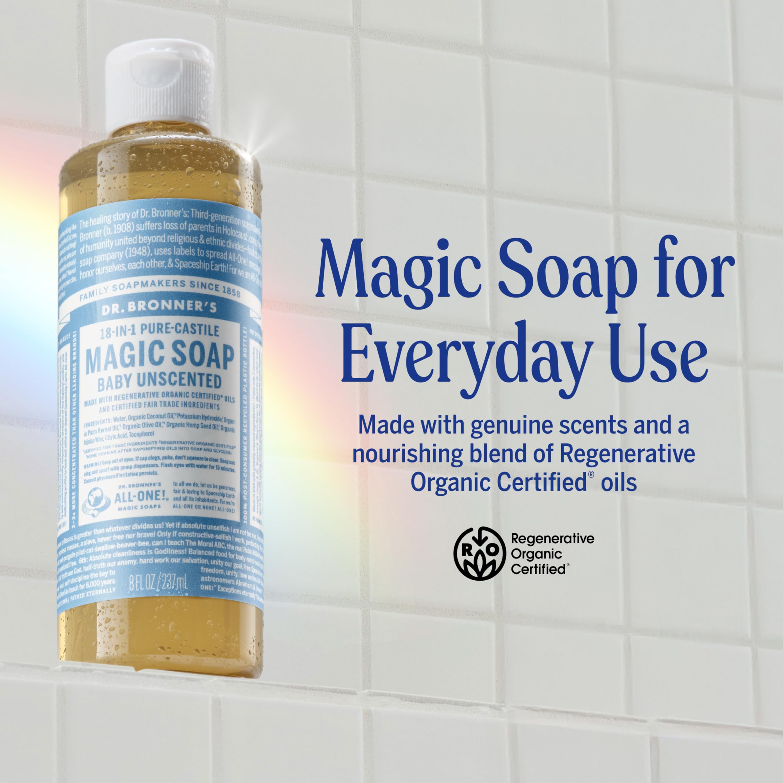 Dr. Bronner's unscented baby mild castile liquid soap bottle showing organic ingredients list.