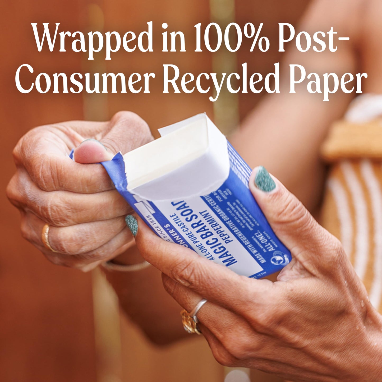 Dr. Bronner's pure castile peppermint bar soap wrapped in recycled paper