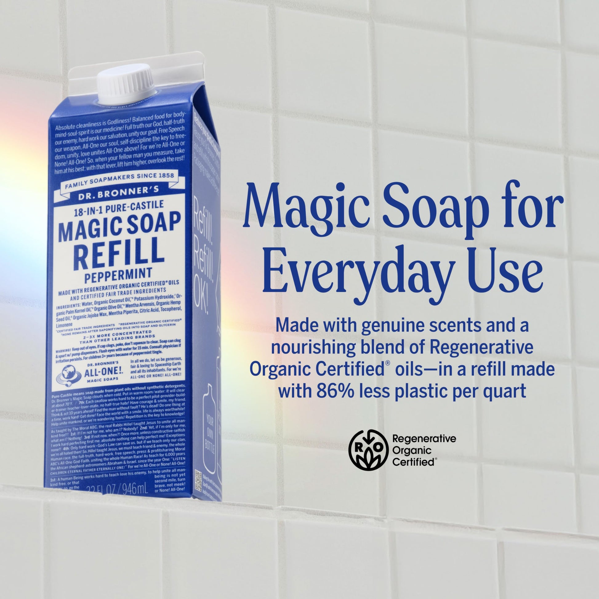 Dr. Bronner's eighteen-in-one peppermint liquid soap carton showing ingredient list and sustainability metrics