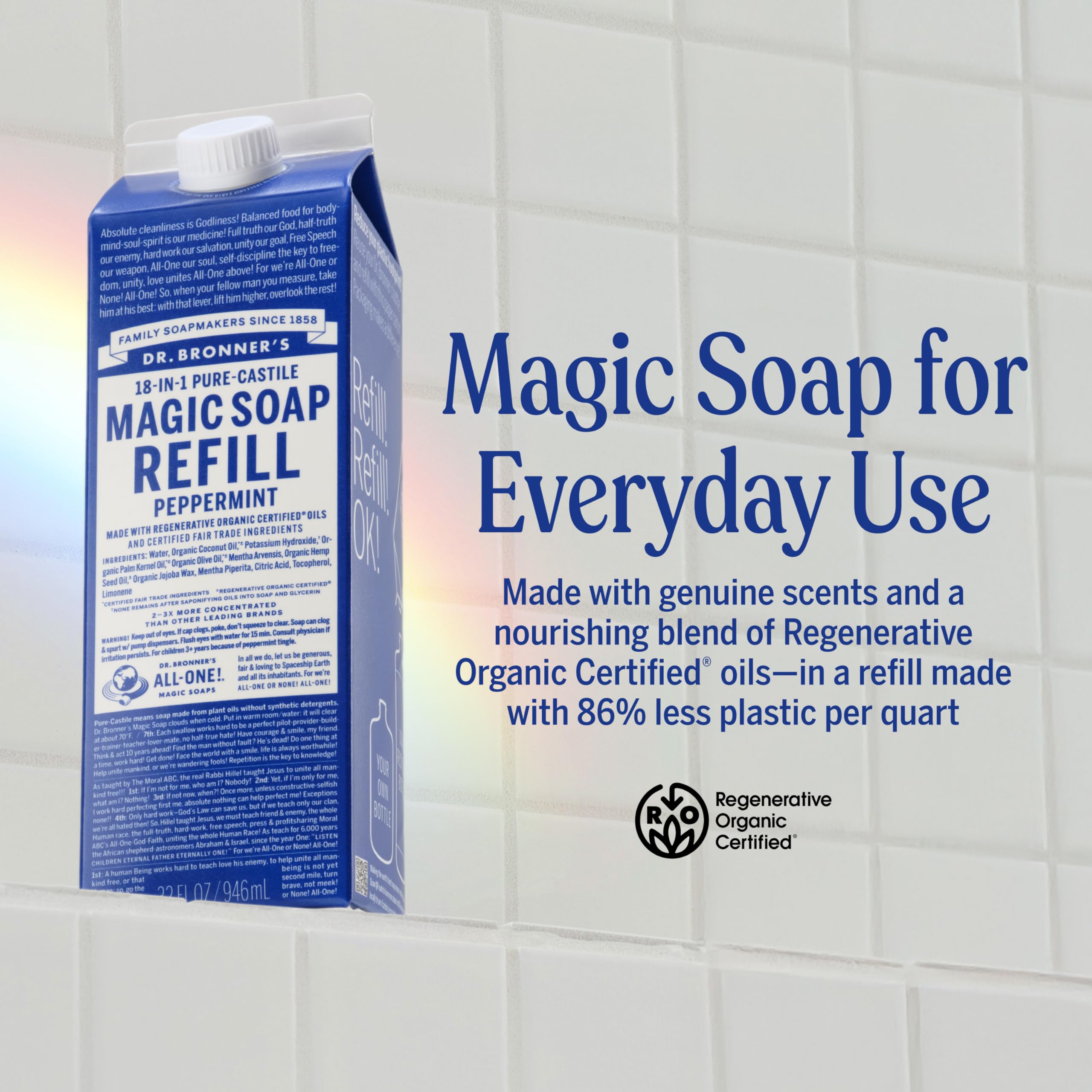 Dr. Bronner's eighteen-in-one peppermint liquid soap carton showing ingredient list and sustainability metrics