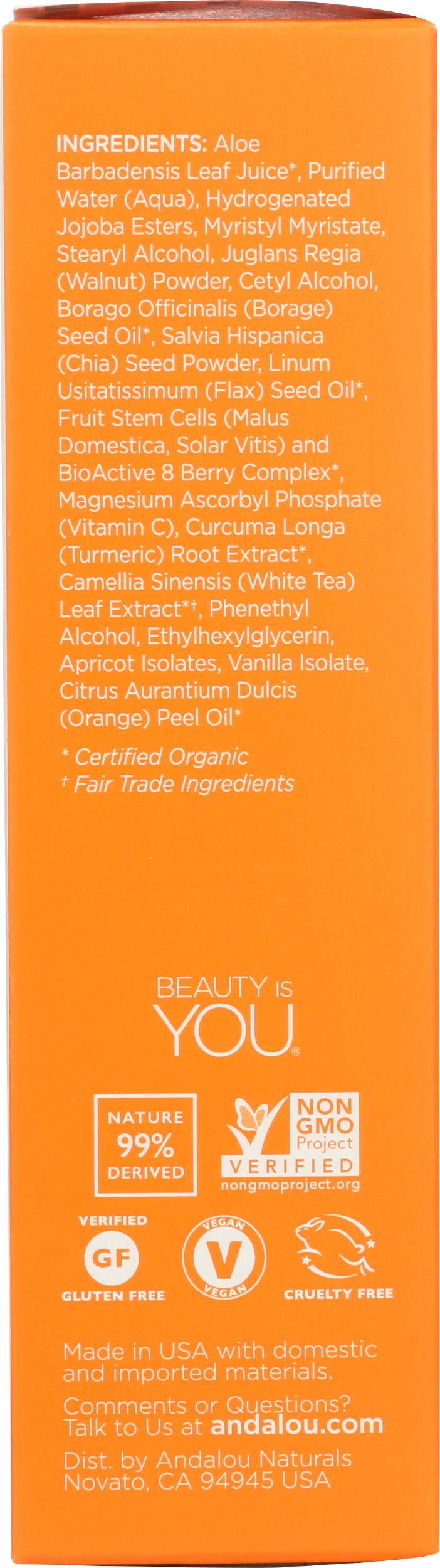 Back label of Andalou Naturals Chia Omega plus C polish with directions and ingredient list