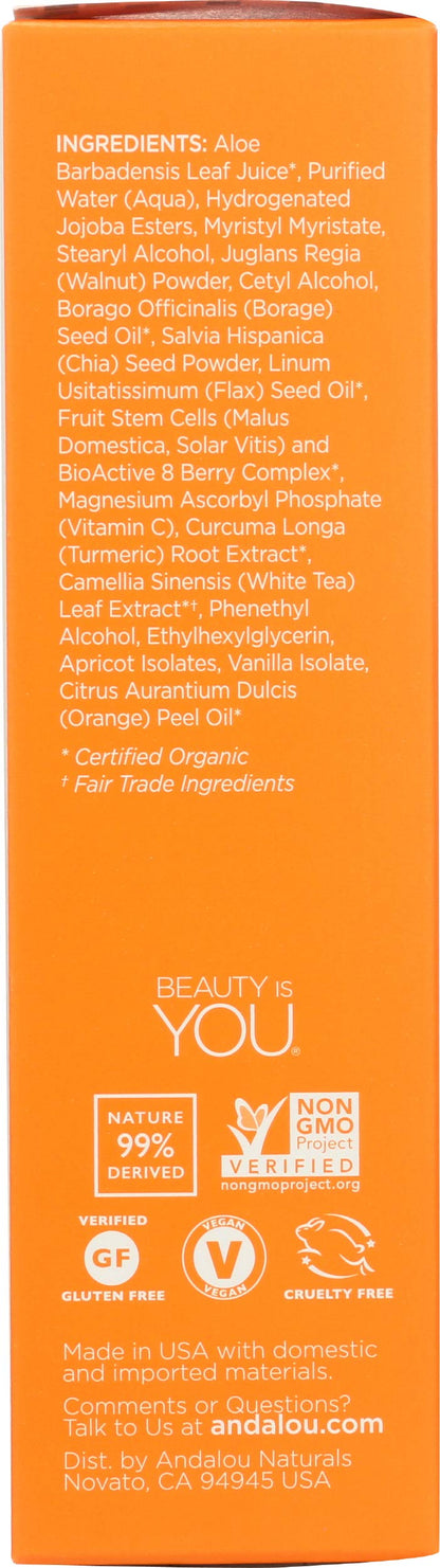 Back label of Andalou Naturals Chia Omega plus C polish with directions and ingredient list