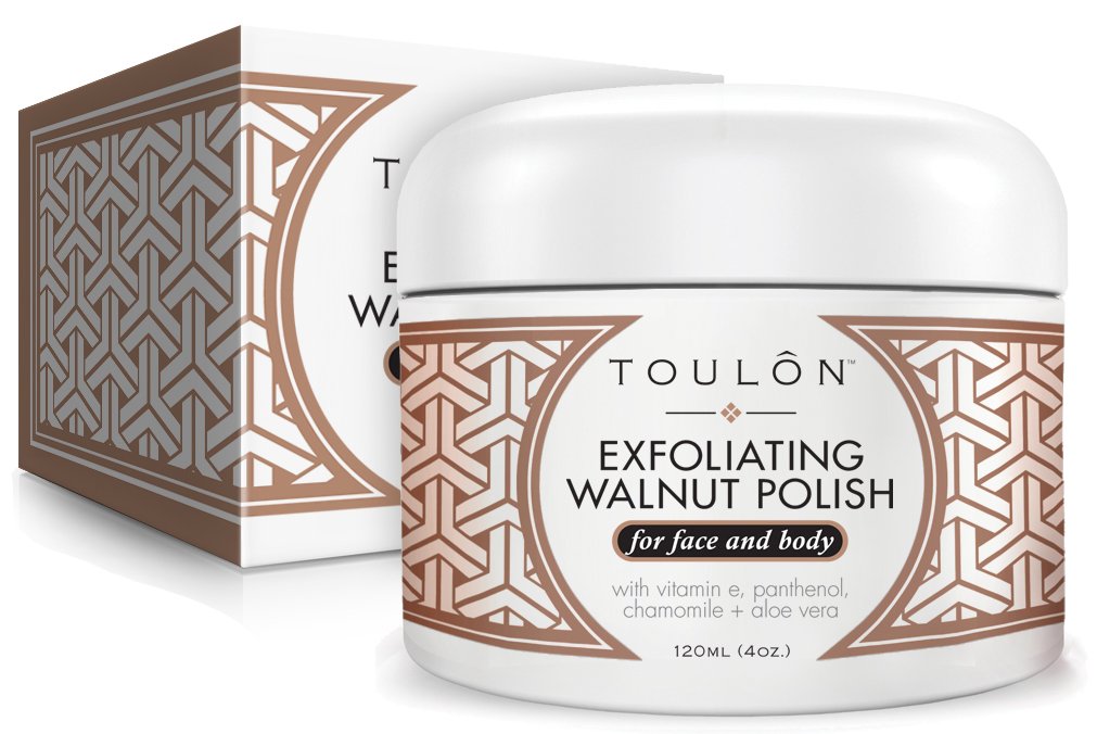 Natural walnut shell facial exfoliant container highlighting natural skincare ingredients.