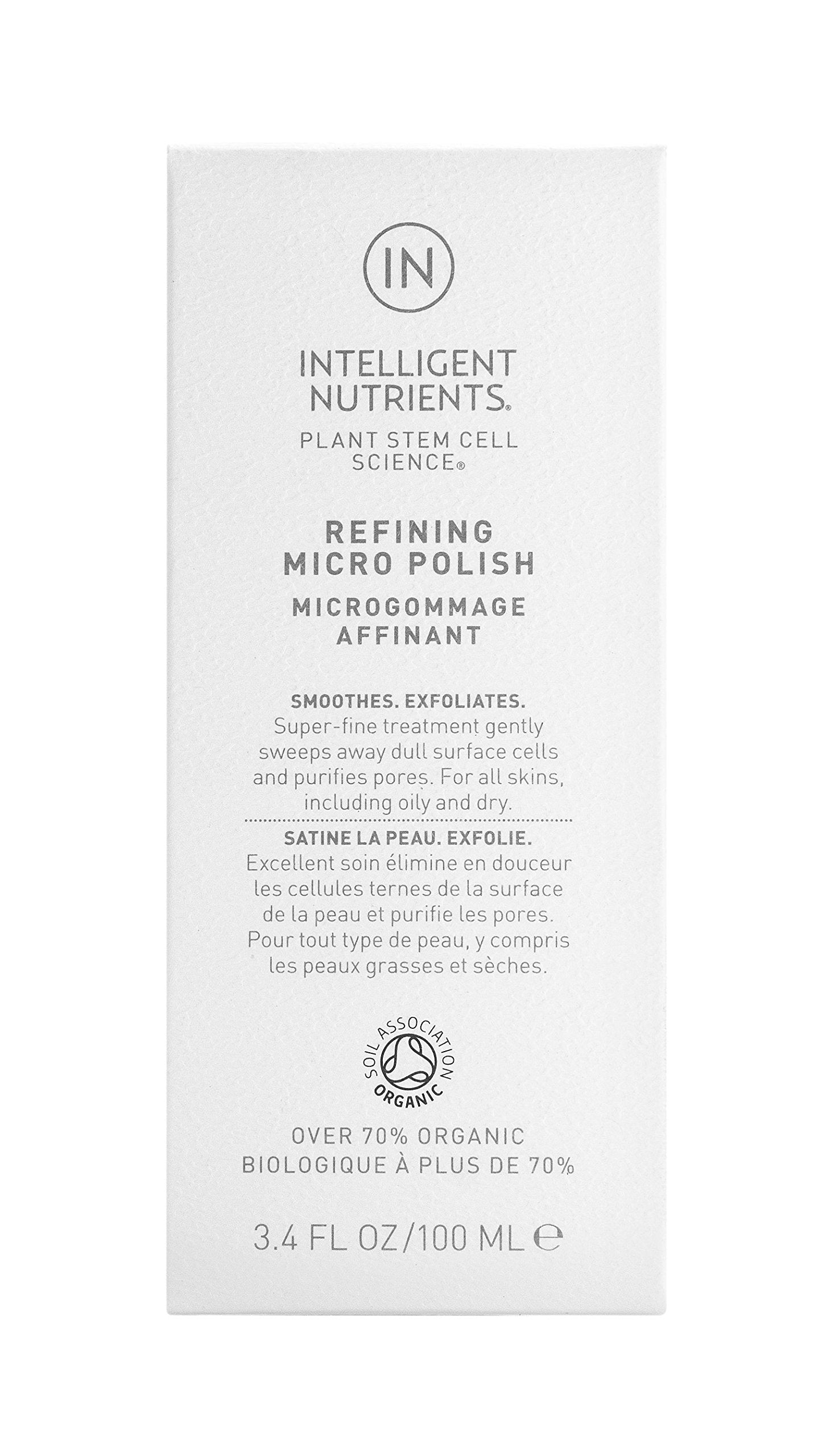 Intelligent Nutrients plant stem cell science micro polish packaging showing organic skincare benefits