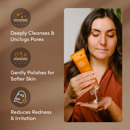 Close up view of the secure cap and dispensing nozzle of the 125ml Urban Veda brightening facial cleanser.